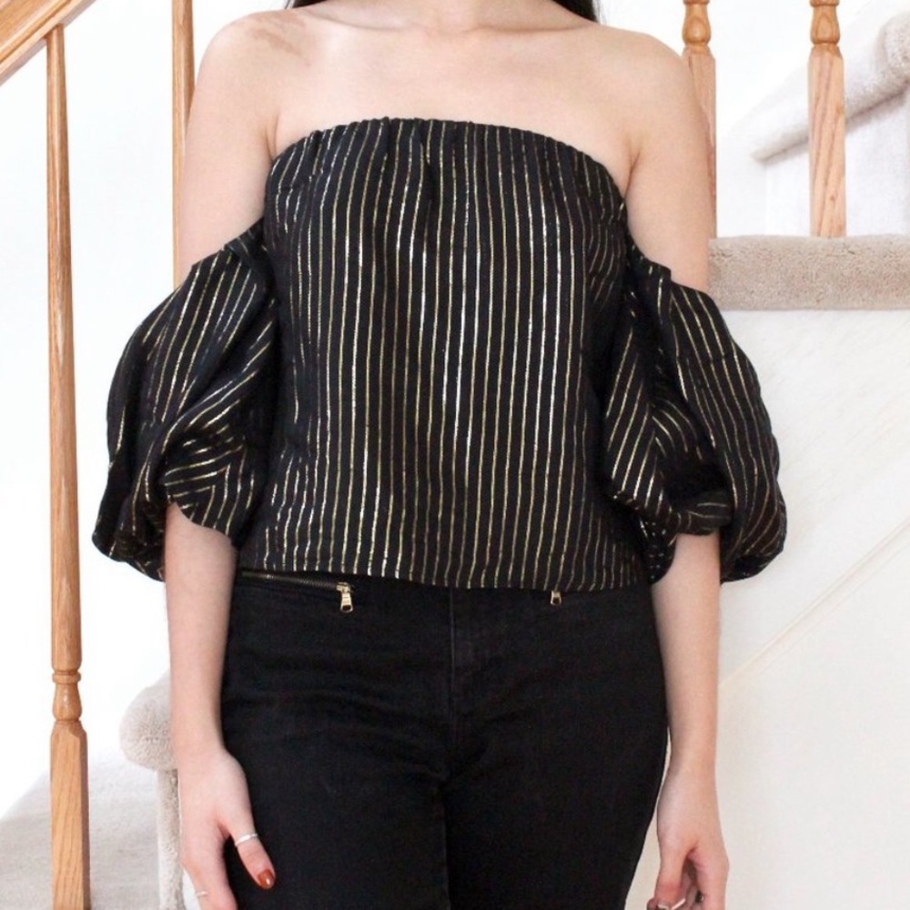 Zara Gold Striped Puff Sleeve Off Shoulder Top